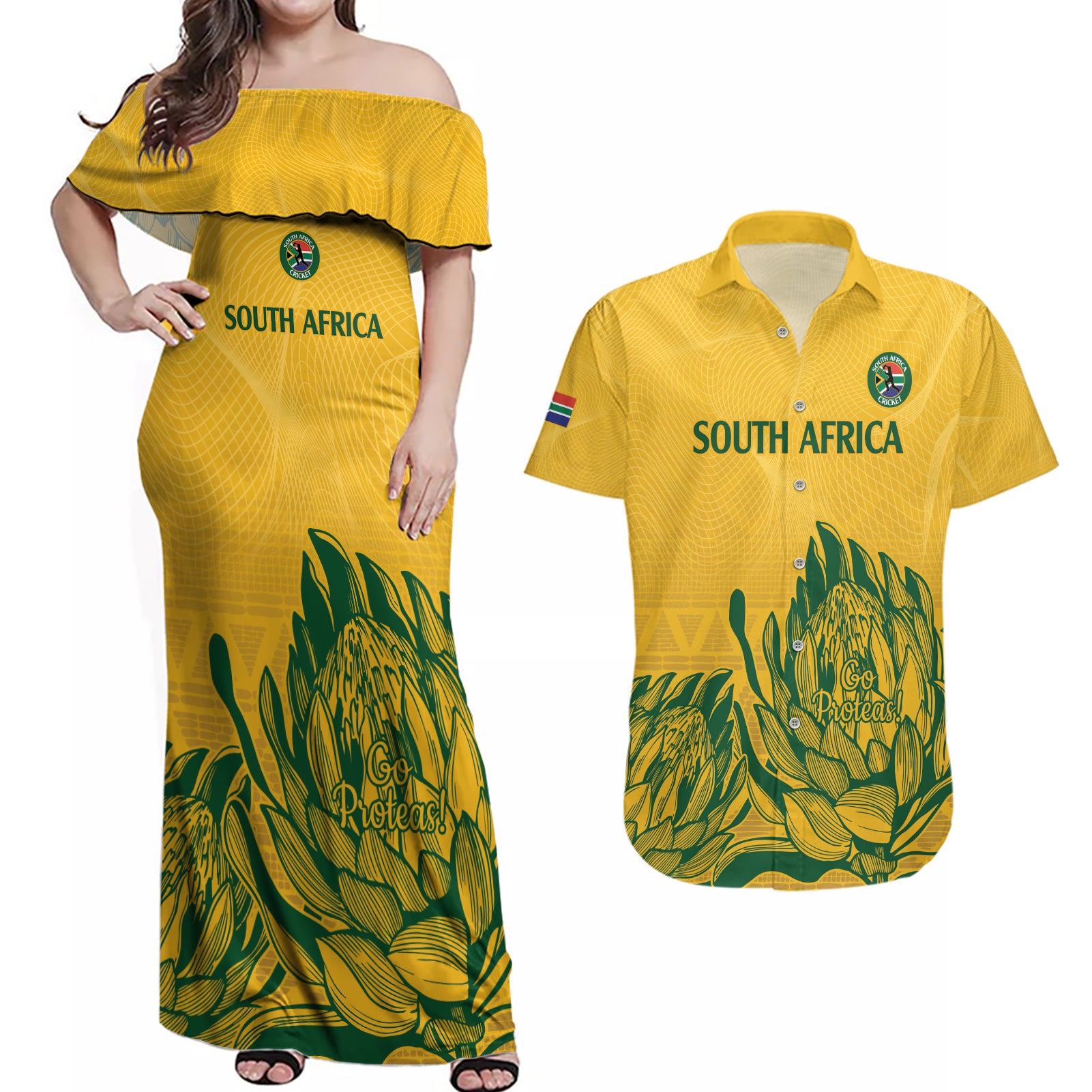 Custom South Africa Cricket Couples Matching Off Shoulder Maxi Dress and Hawaiian Shirt 2024 African Pattern Go Proteas - Wonder Print Shop