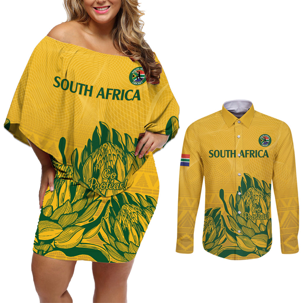 Custom South Africa Cricket Couples Matching Off Shoulder Short Dress and Long Sleeve Button Shirt 2024 African Pattern Go Proteas - Wonder Print Shop