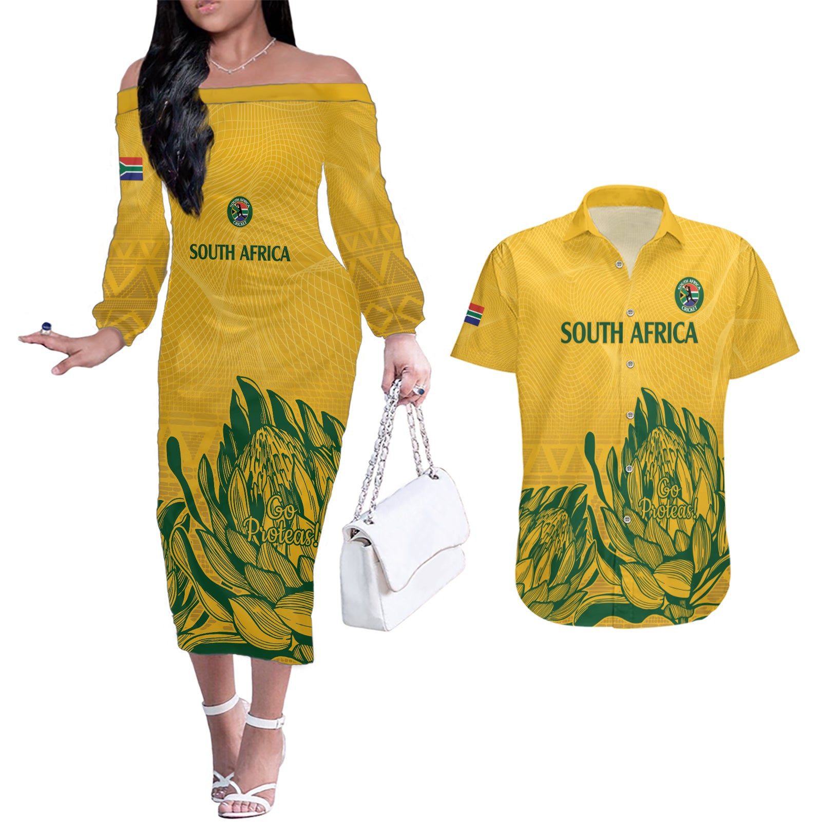 Custom South Africa Cricket Couples Matching Off The Shoulder Long Sleeve Dress and Hawaiian Shirt 2024 African Pattern Go Proteas - Wonder Print Shop