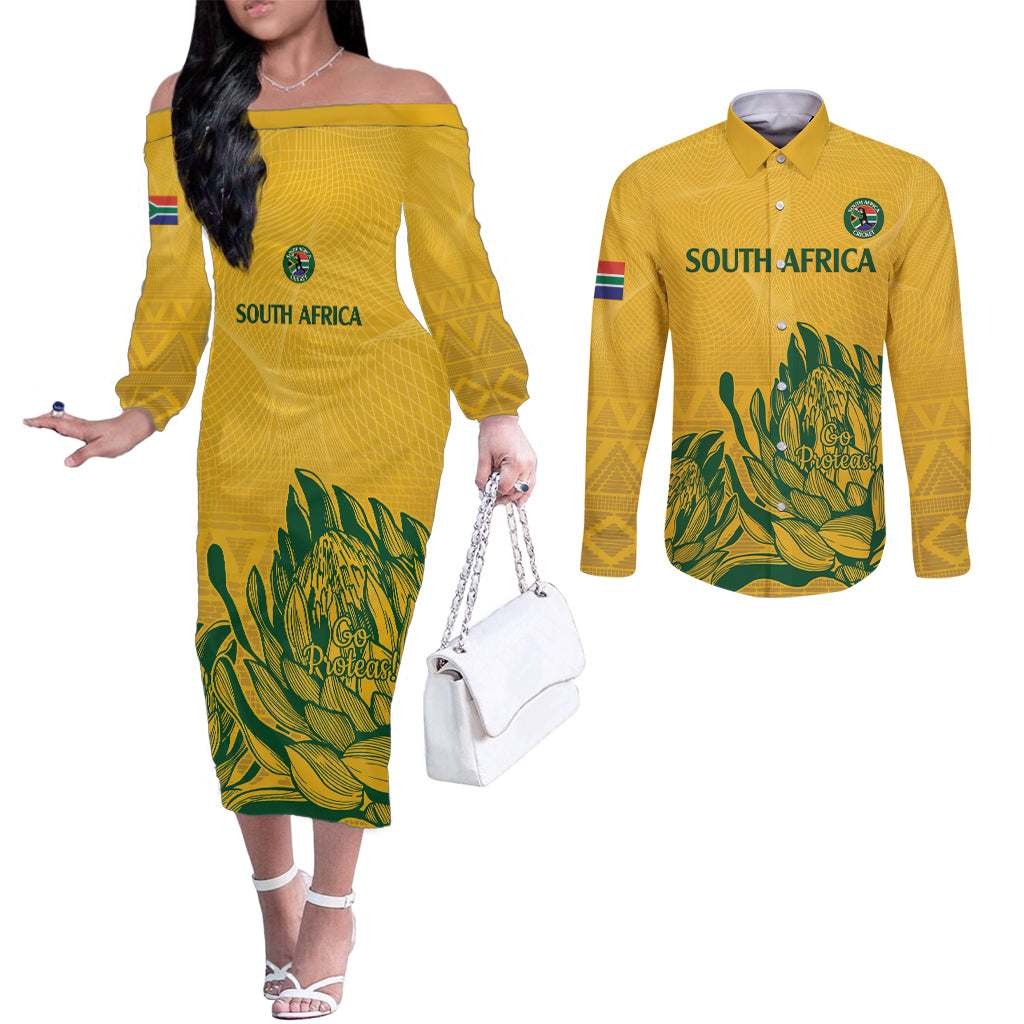 Custom South Africa Cricket Couples Matching Off The Shoulder Long Sleeve Dress and Long Sleeve Button Shirt 2024 African Pattern Go Proteas