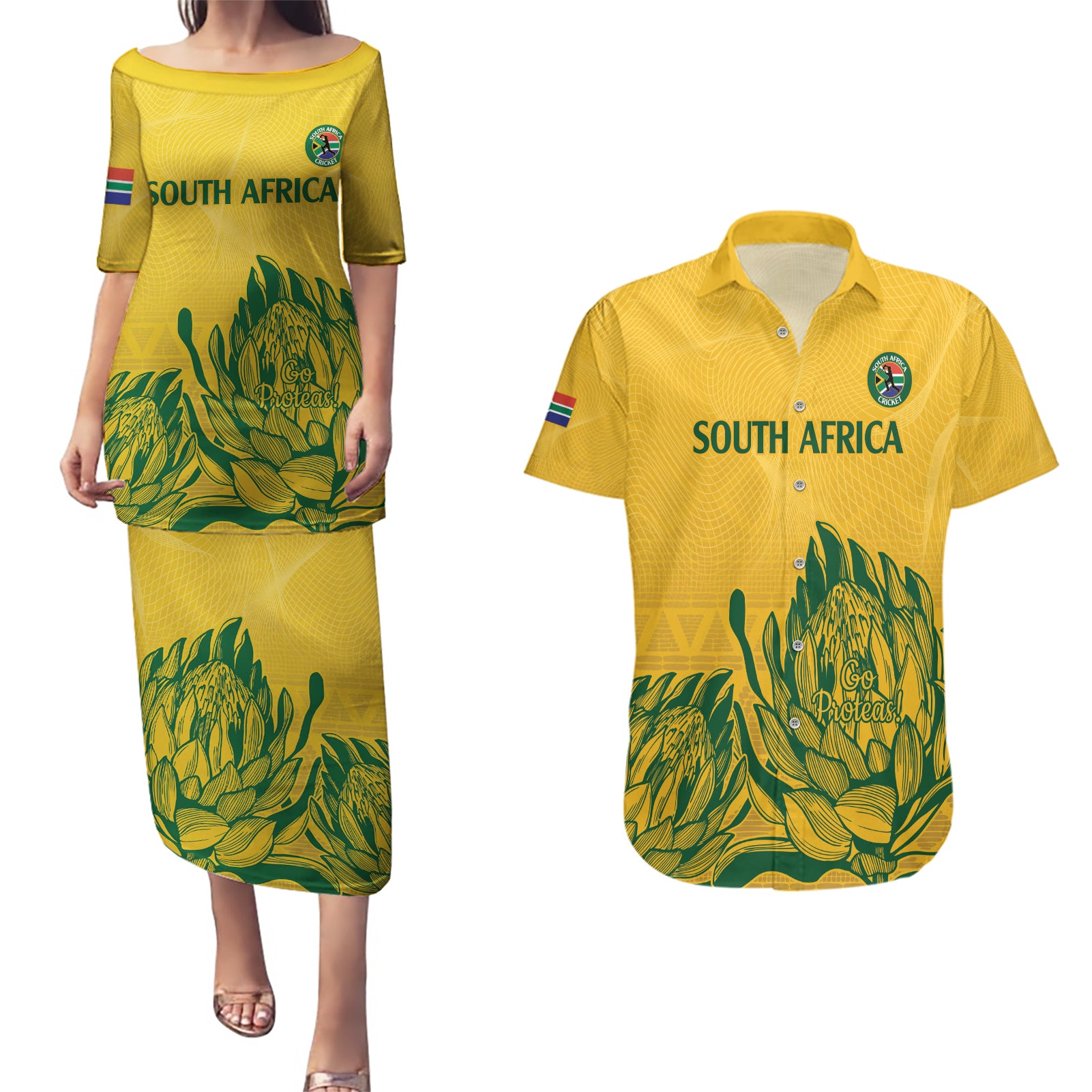 Custom South Africa Cricket Couples Matching Puletasi and Hawaiian Shirt 2024 African Pattern Go Proteas - Wonder Print Shop