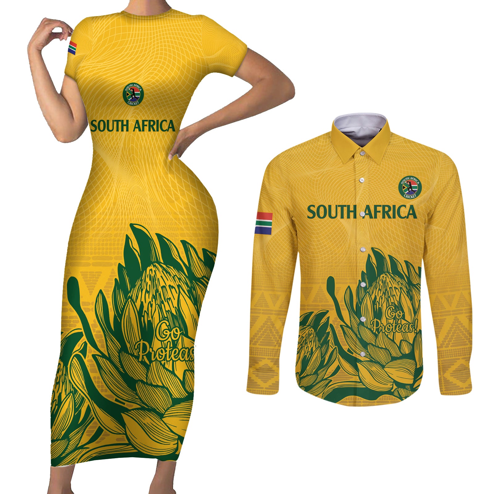 Custom South Africa Cricket Couples Matching Short Sleeve Bodycon Dress and Long Sleeve Button Shirt 2024 African Pattern Go Proteas - Wonder Print Shop