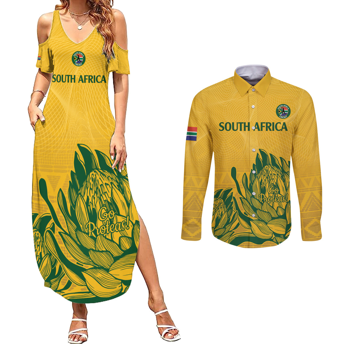 Custom South Africa Cricket Couples Matching Summer Maxi Dress and Long Sleeve Button Shirt 2024 African Pattern Go Proteas - Wonder Print Shop