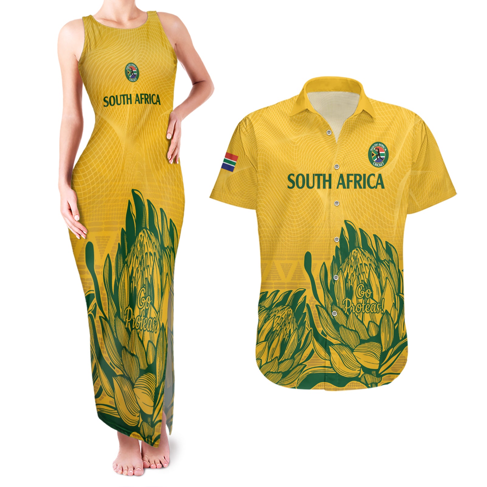 Custom South Africa Cricket Couples Matching Tank Maxi Dress and Hawaiian Shirt 2024 African Pattern Go Proteas - Wonder Print Shop