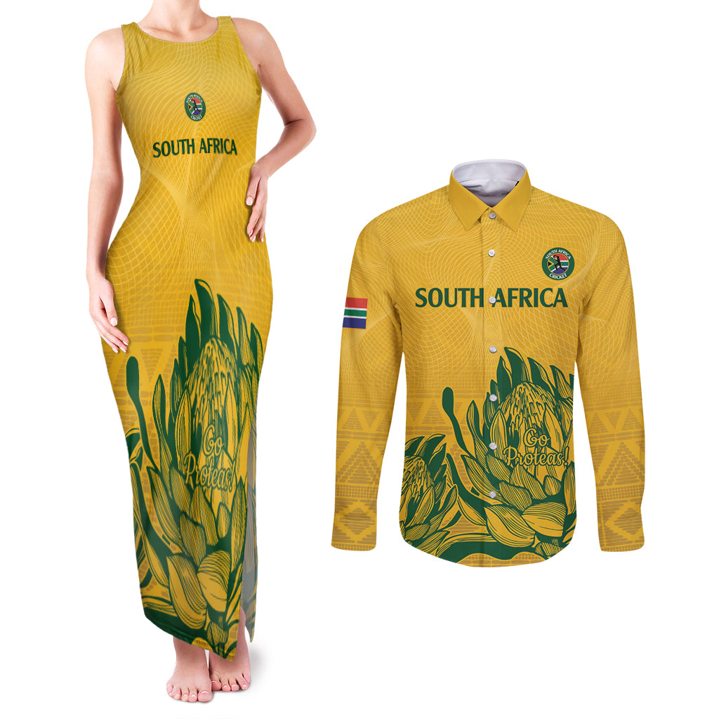 Custom South Africa Cricket Couples Matching Tank Maxi Dress and Long Sleeve Button Shirt 2024 African Pattern Go Proteas - Wonder Print Shop