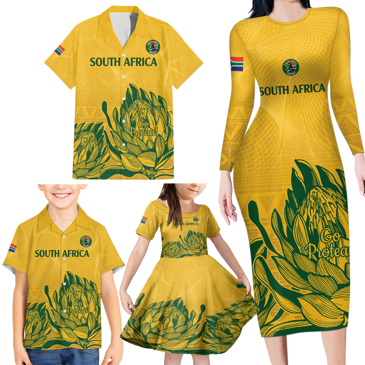 Custom South Africa Cricket Family Matching Long Sleeve Bodycon Dress and Hawaiian Shirt 2024 African Pattern Go Proteas - Wonder Print Shop