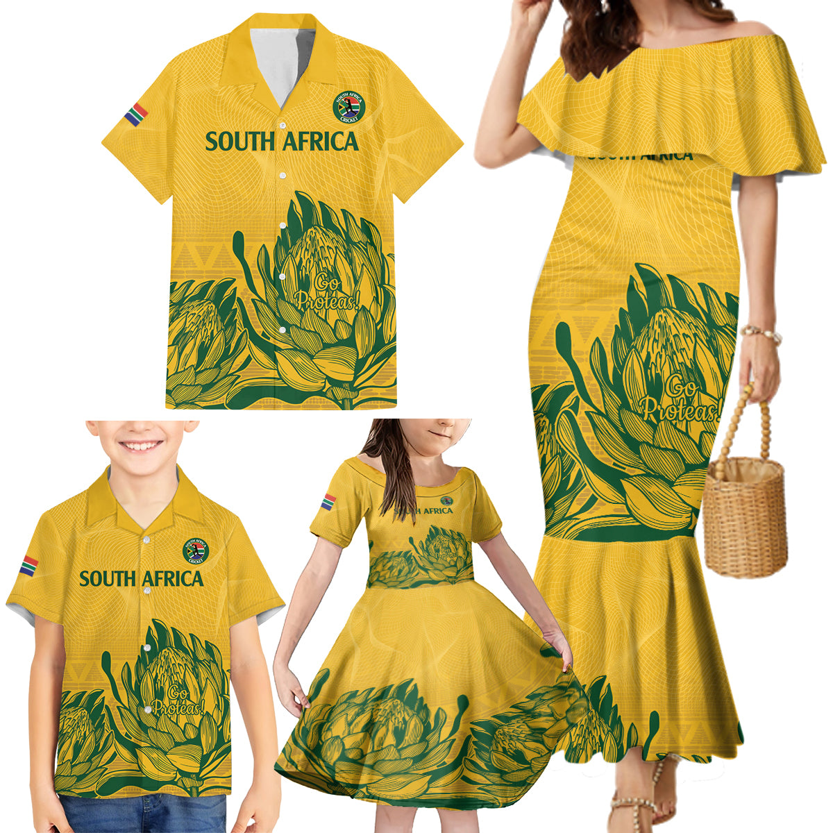 Custom South Africa Cricket Family Matching Mermaid Dress and Hawaiian Shirt 2024 African Pattern Go Proteas - Wonder Print Shop