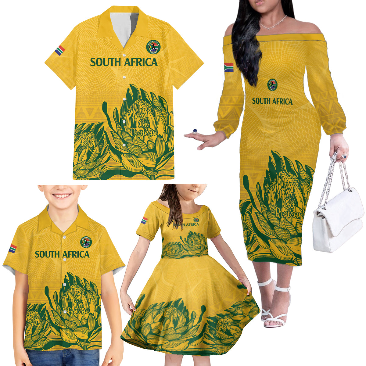 Custom South Africa Cricket Family Matching Off The Shoulder Long Sleeve Dress and Hawaiian Shirt 2024 African Pattern Go Proteas - Wonder Print Shop