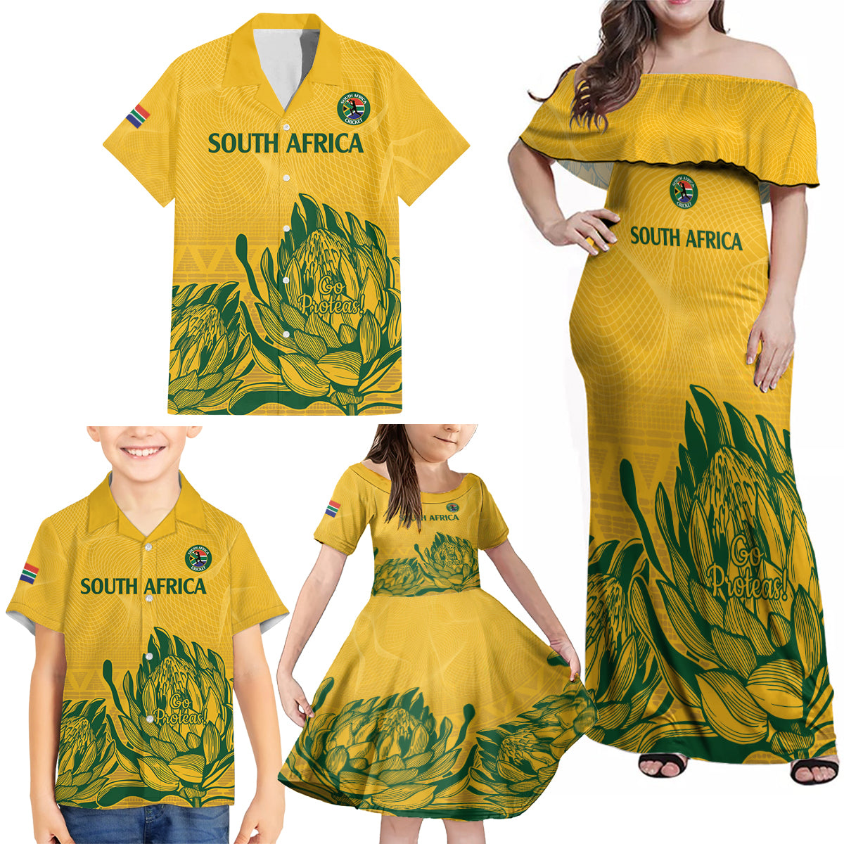 Custom South Africa Cricket Family Matching Off Shoulder Maxi Dress and Hawaiian Shirt 2024 African Pattern Go Proteas - Wonder Print Shop