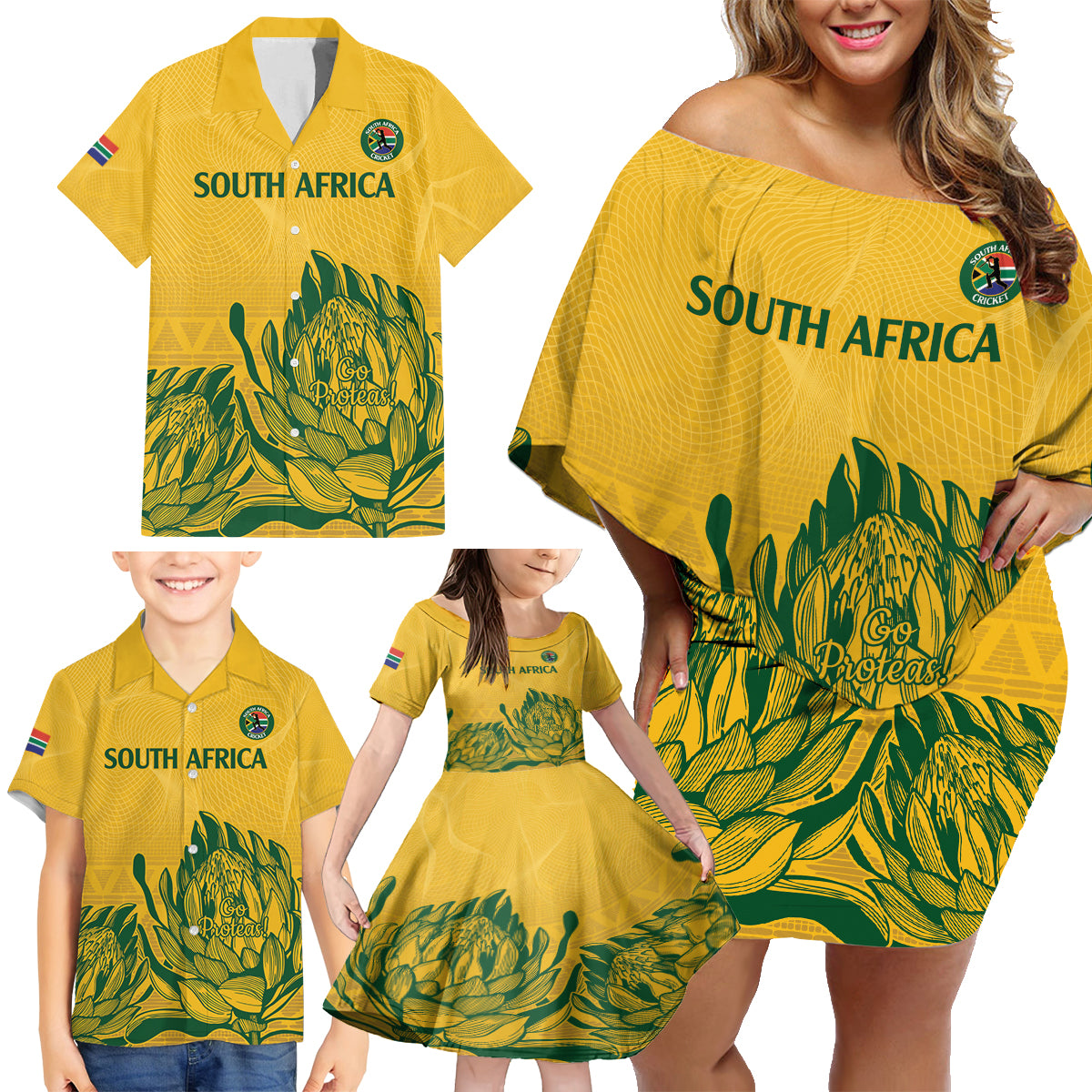 Custom South Africa Cricket Family Matching Off Shoulder Short Dress and Hawaiian Shirt 2024 African Pattern Go Proteas - Wonder Print Shop