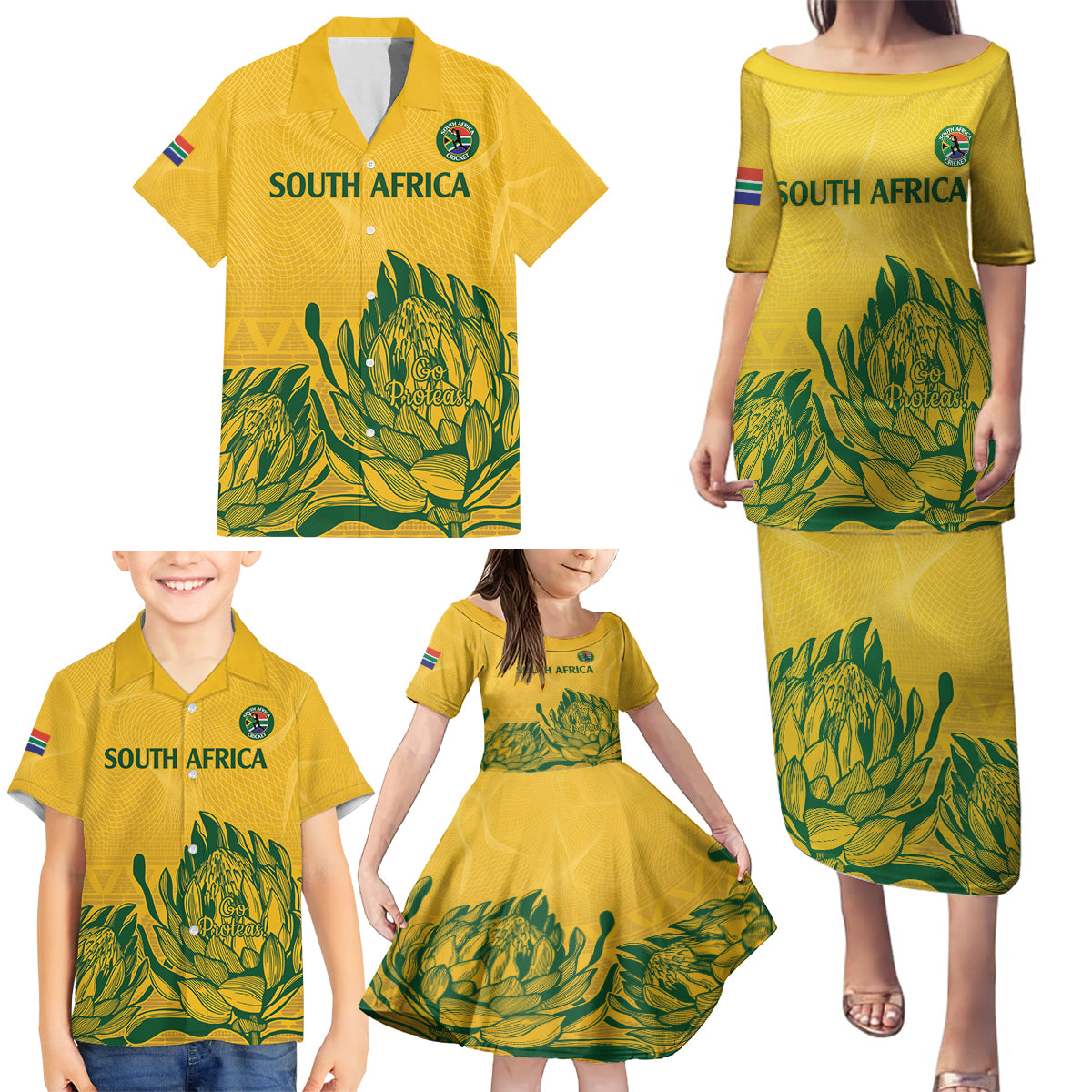 Custom South Africa Cricket Family Matching Puletasi and Hawaiian Shirt 2024 African Pattern Go Proteas - Wonder Print Shop