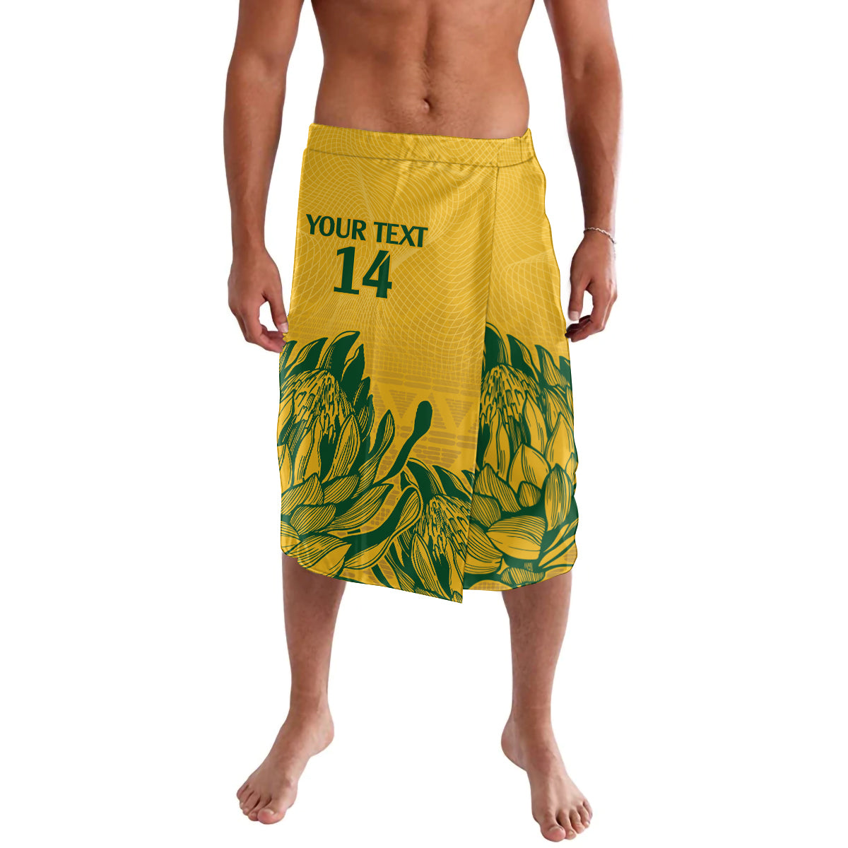 Yellow lavalava shorts with green leaf pattern, elastic waistband, 'YOUR TEXT 14' print