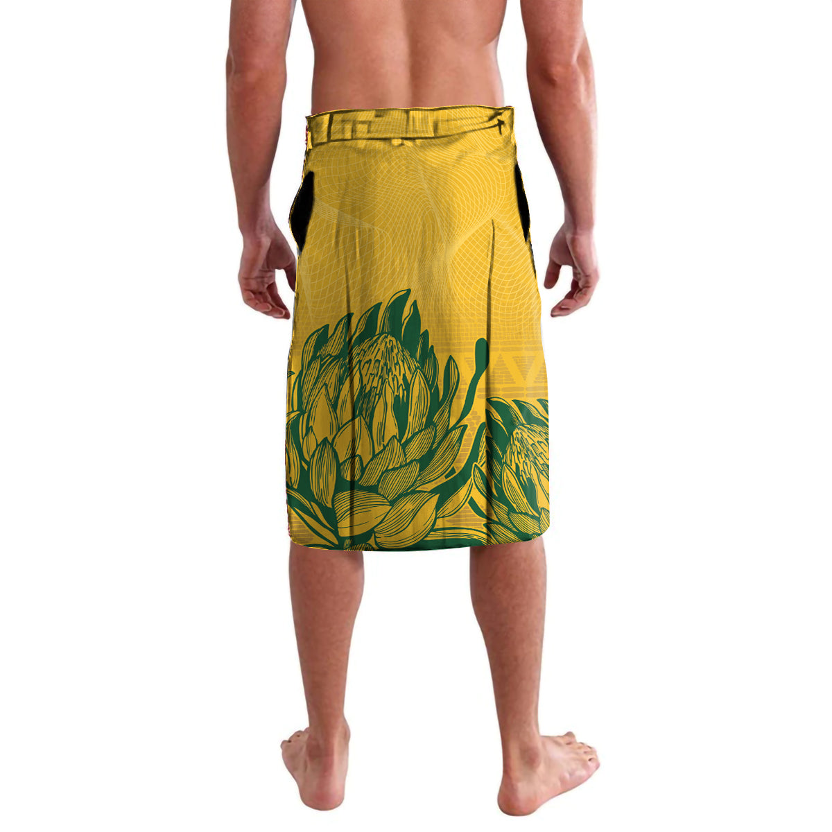 Yellow lavalava shorts with green leaf pattern, elastic waistband, no visible front text