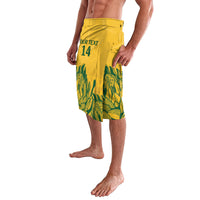 Yellow lavalava shorts with green leaf pattern, elastic waistband, 'YOUR TEXT 14' print