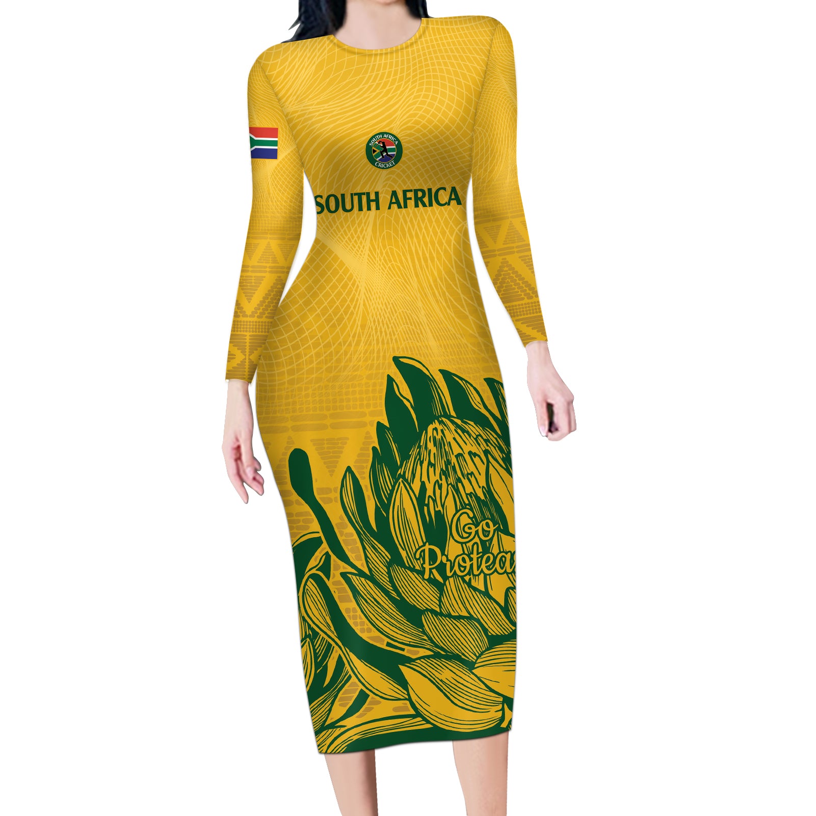 Custom South Africa Cricket Long Sleeve Bodycon Dress 2024 African Pattern Go Proteas - Wonder Print Shop