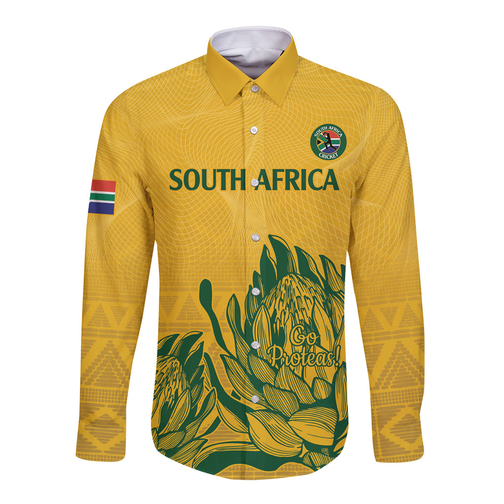 Custom South Africa Cricket Long Sleeve Button Shirt 2024 African Pattern Go Proteas - Wonder Print Shop