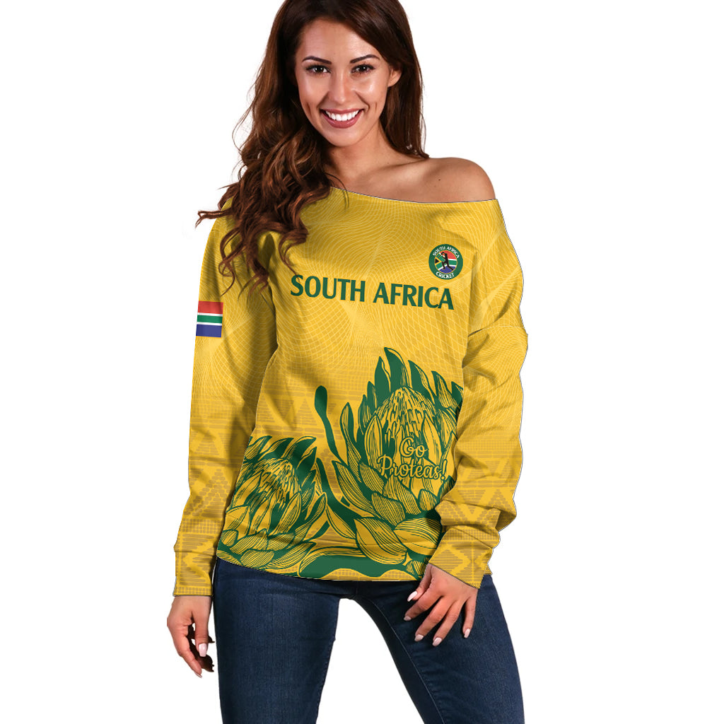 Custom South Africa Cricket Off Shoulder Sweater 2024 African Pattern Go Proteas - Wonder Print Shop