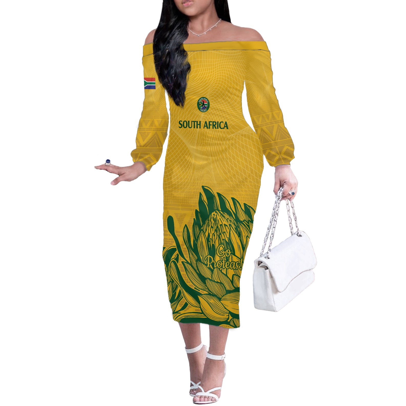 Custom South Africa Cricket Off The Shoulder Long Sleeve Dress 2024 African Pattern Go Proteas - Wonder Print Shop