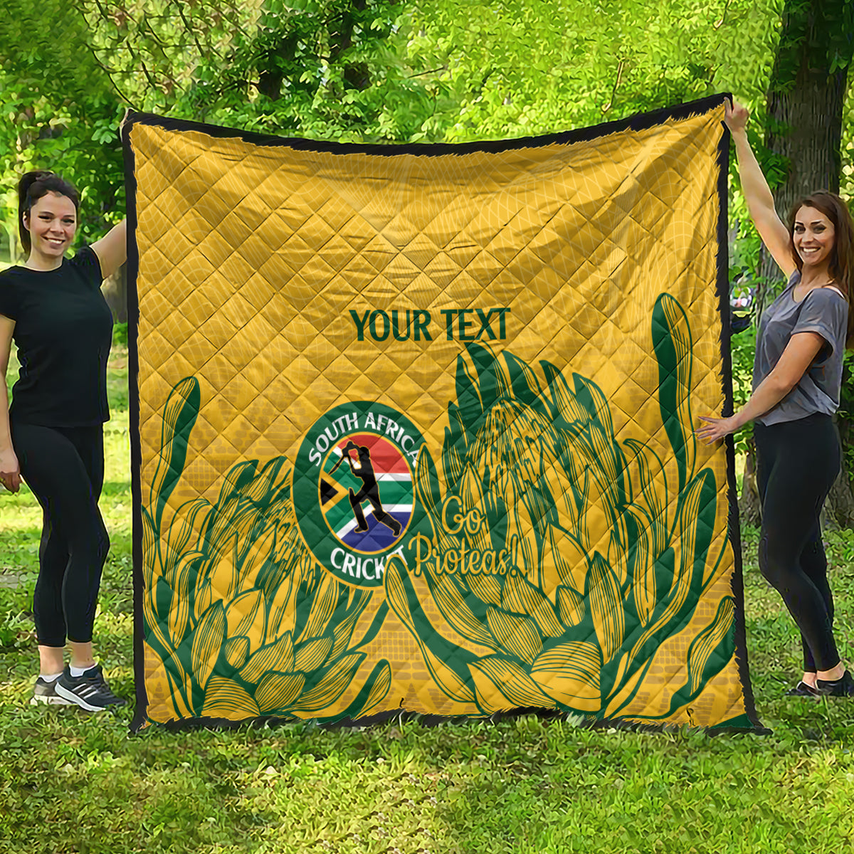 Yellow quilt with diamond quilting and green tropical palm pattern, “YOUR TEXT” front center.