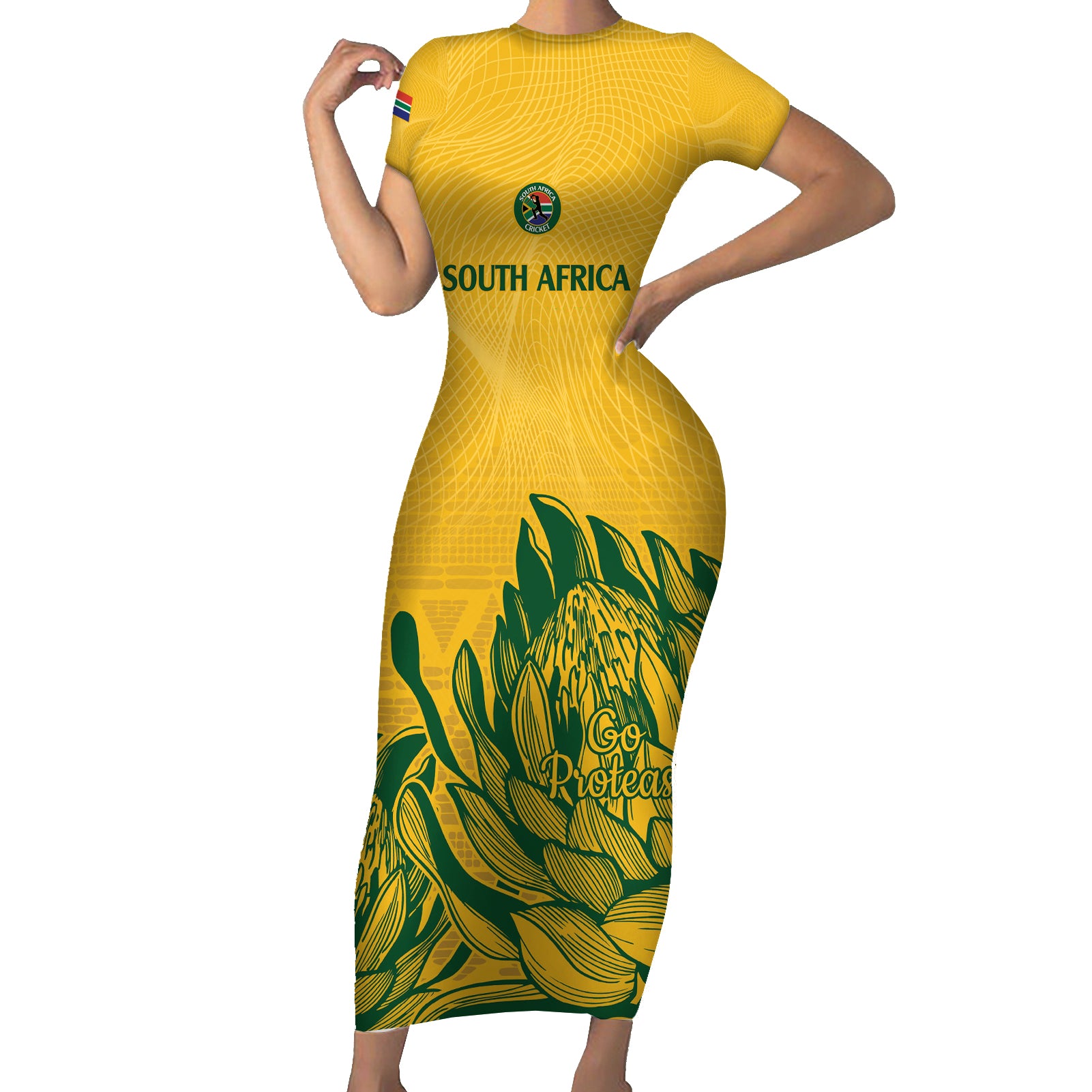 Custom South Africa Cricket Short Sleeve Bodycon Dress 2024 African Pattern Go Proteas - Wonder Print Shop