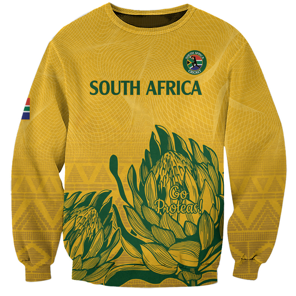 Yellow South Africa cricket sweatshirt with Proteas graphic and crest, long sleeves