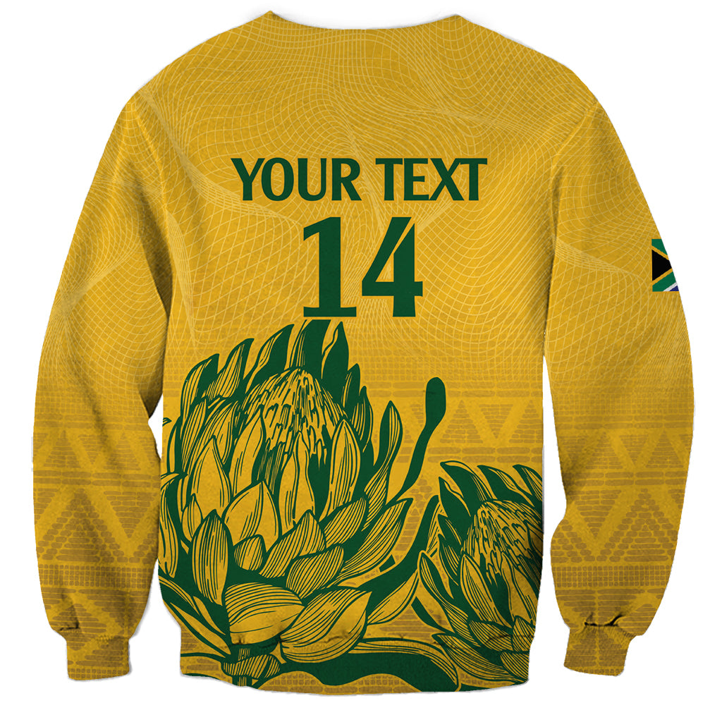 Yellow sweatshirt back with Your Text 14 print and Proteas floral design, long sleeves