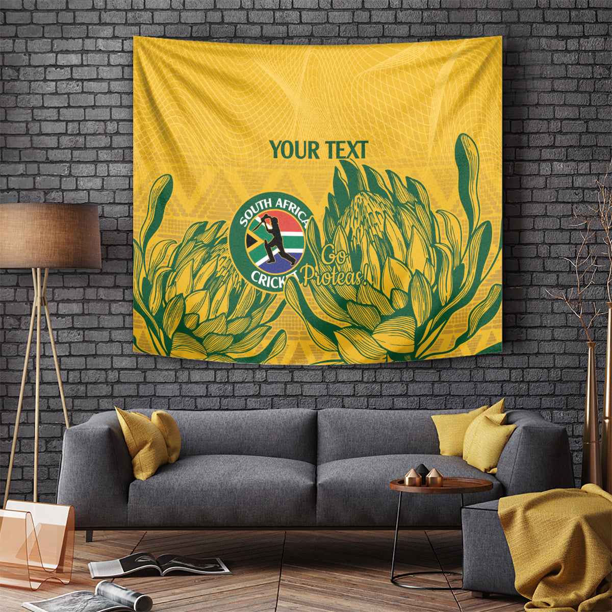Yellow hanging cricket tapestry with green foliage design, South Africa crest and 'YOUR TEXT'.