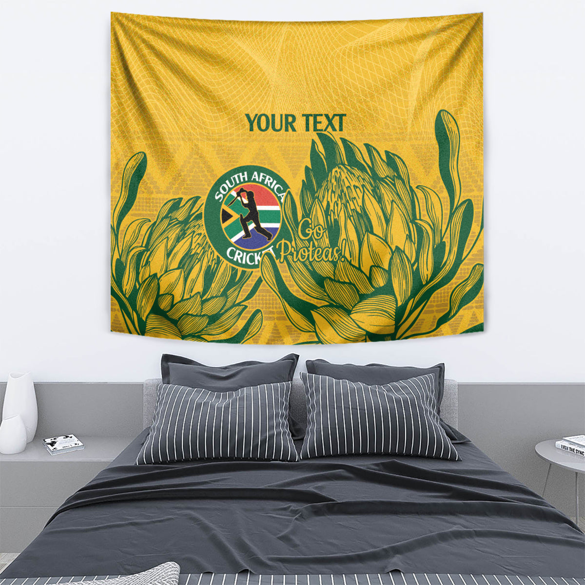 Yellow wall tapestry featuring green plant artwork, South Africa cricket crest, 'YOUR TEXT'.