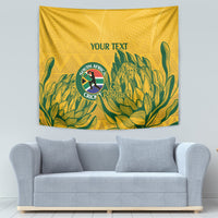 Yellow hanging tapestry with green plant motif, South Africa cricket crest and 'YOUR TEXT'.