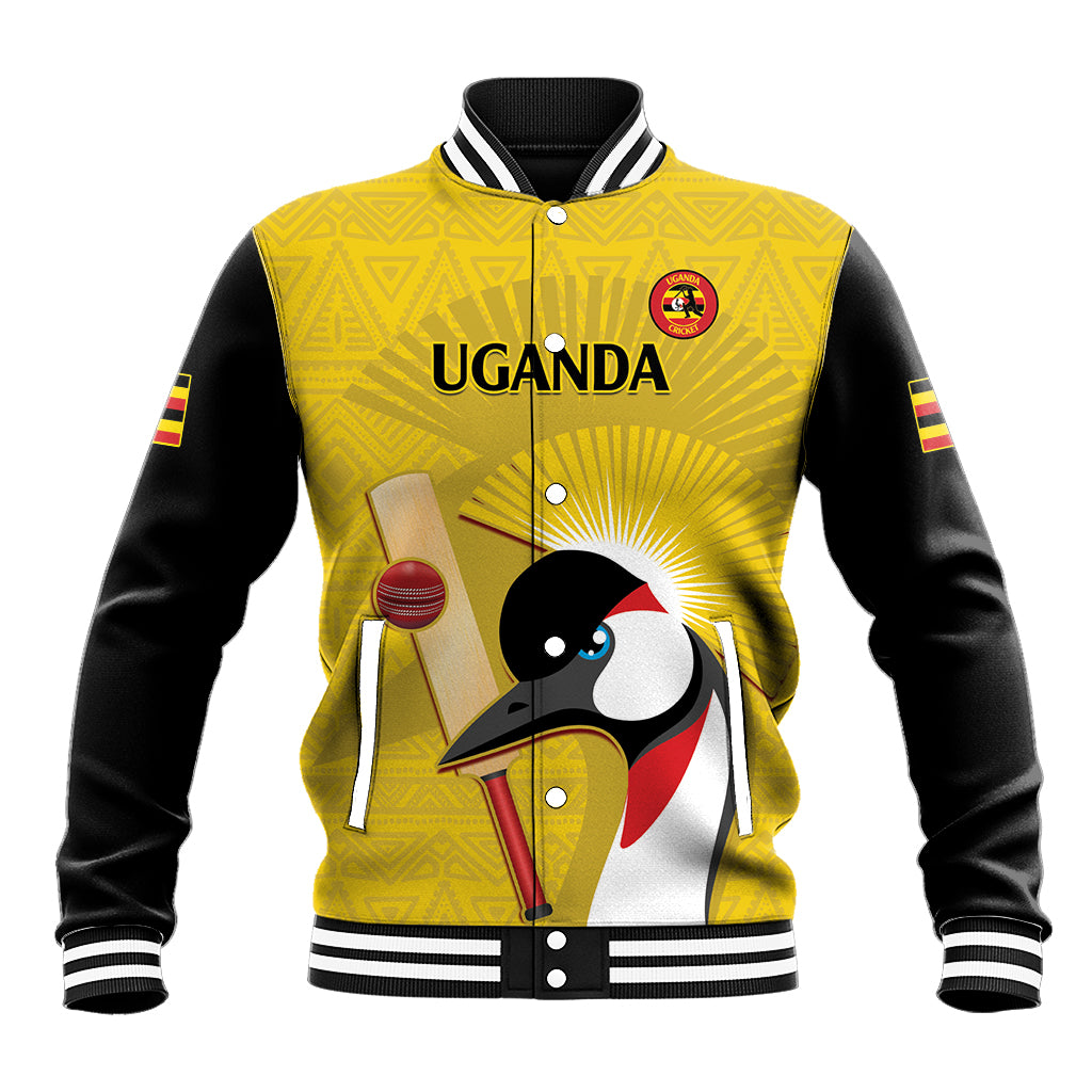 Yellow and black cricket baseball jacket with UGANDA text, snap front, ribbed cuffs
