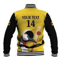 Yellow and black cricket baseball jacket back with YOUR TEXT 14 and crane graphic, ribbed hem