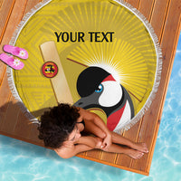 Round yellow beach blanket with white fringe, cricket bird graphic and "YOUR TEXT"