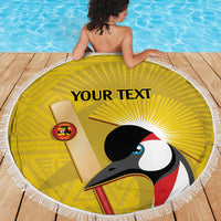 Round yellow beach blanket with white fringe, cricket bird artwork and "YOUR TEXT"