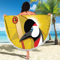 Round yellow beach blanket with white fringe, cricket bird graphic and "YOUR TEXT"