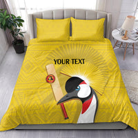 Yellow bedding set featuring crowned crane graphic on duvet and two matching pillow shams
