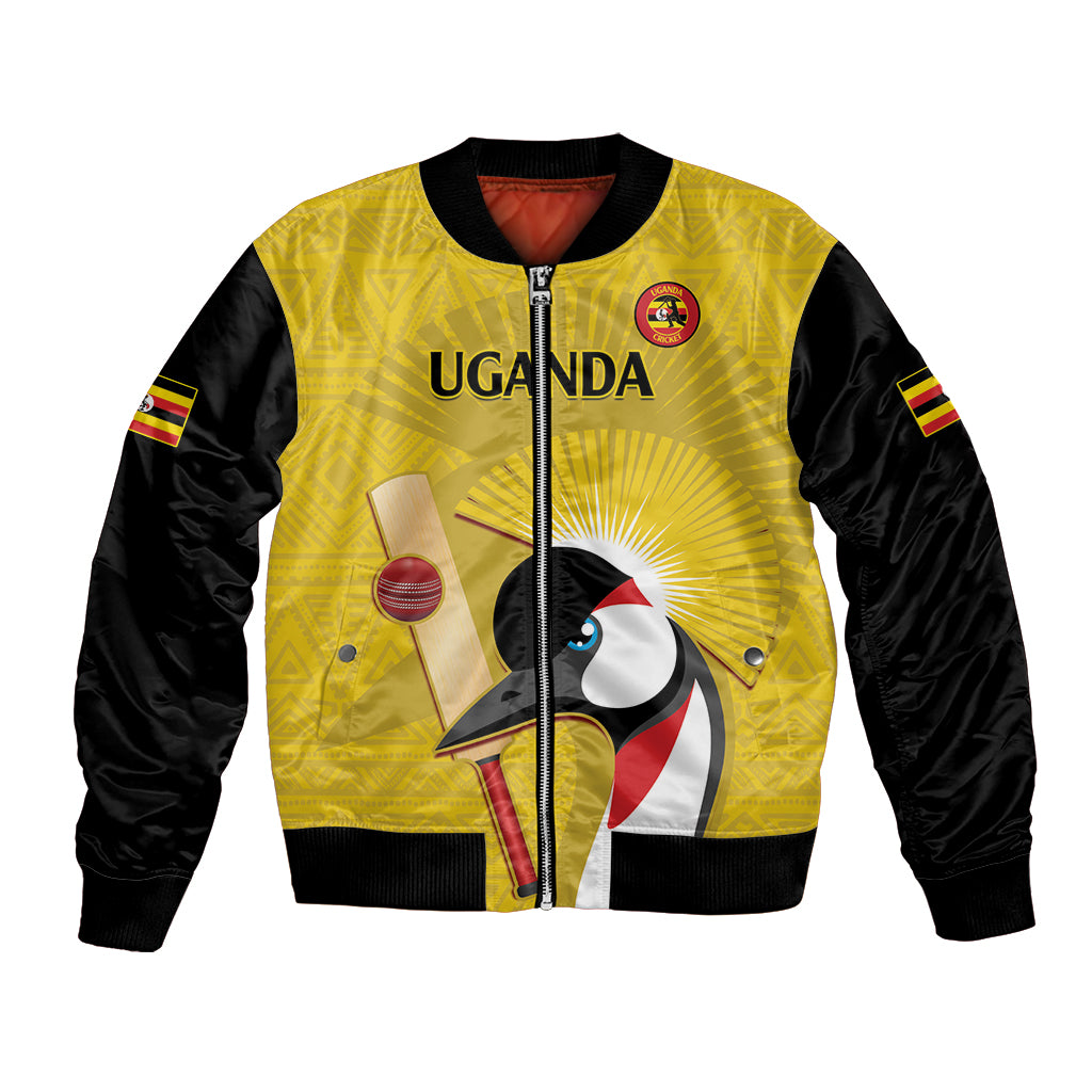 Yellow and black unisex bomber jacket, front zipper, crane graphic and Uganda print