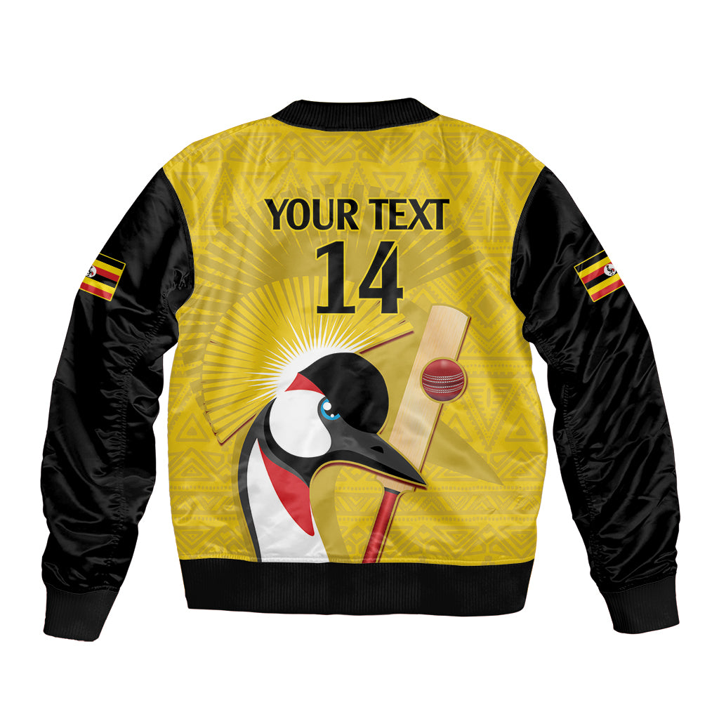 Yellow and black unisex bomber jacket, back text YOUR TEXT and 14 with crane