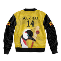 Yellow and black unisex bomber jacket, back text YOUR TEXT and 14 with crane
