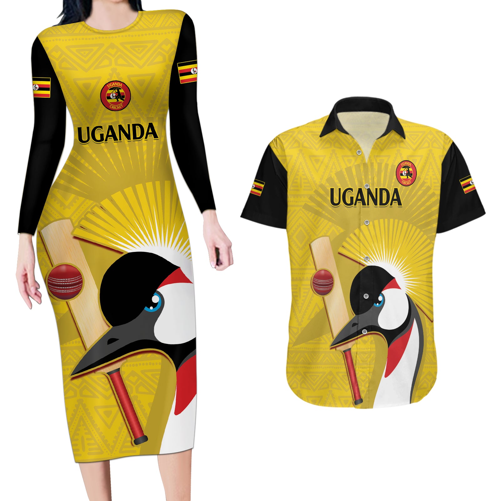 Custom Uganda Cricket Couples Matching Long Sleeve Bodycon Dress and Hawaiian Shirt Ugandan Grey Crowned Crane - Wonder Print Shop