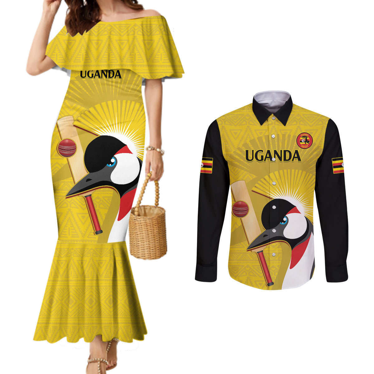 Custom Uganda Cricket Couples Matching Mermaid Dress and Long Sleeve Button Shirt Ugandan Grey Crowned Crane