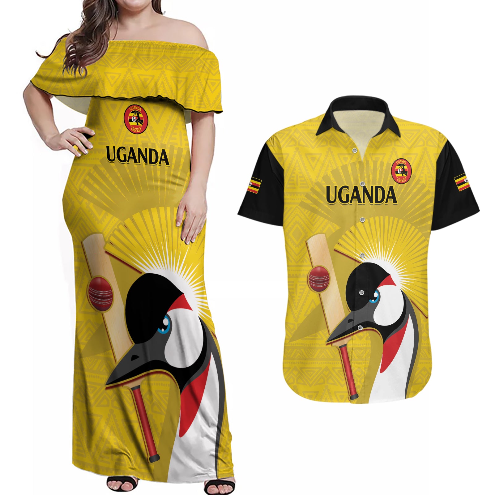 Custom Uganda Cricket Couples Matching Off Shoulder Maxi Dress and Hawaiian Shirt Ugandan Grey Crowned Crane - Wonder Print Shop