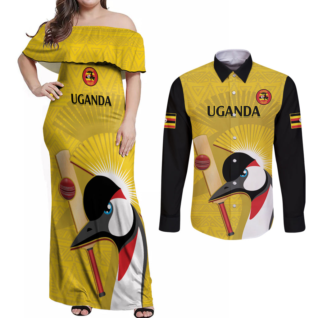 Custom Uganda Cricket Couples Matching Off Shoulder Maxi Dress and Long Sleeve Button Shirt Ugandan Grey Crowned Crane - Wonder Print Shop