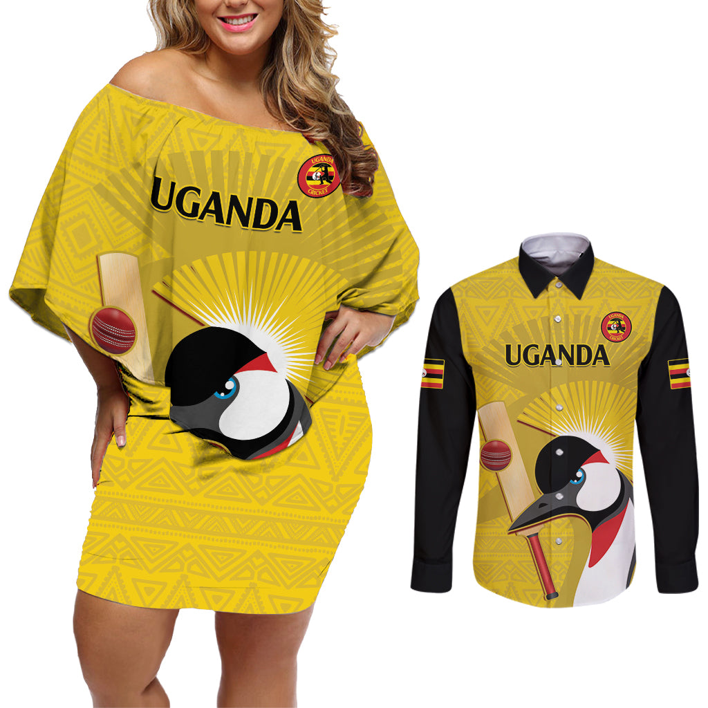 Custom Uganda Cricket Couples Matching Off Shoulder Short Dress and Long Sleeve Button Shirt Ugandan Grey Crowned Crane - Wonder Print Shop