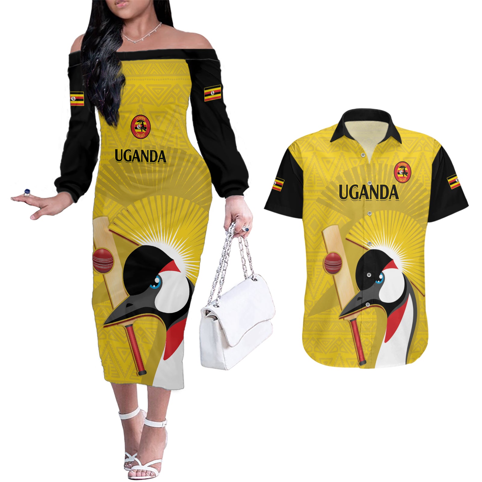 Custom Uganda Cricket Couples Matching Off The Shoulder Long Sleeve Dress and Hawaiian Shirt Ugandan Grey Crowned Crane - Wonder Print Shop