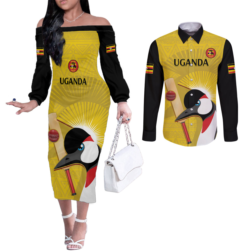 Custom Uganda Cricket Couples Matching Off The Shoulder Long Sleeve Dress and Long Sleeve Button Shirt Ugandan Grey Crowned Crane