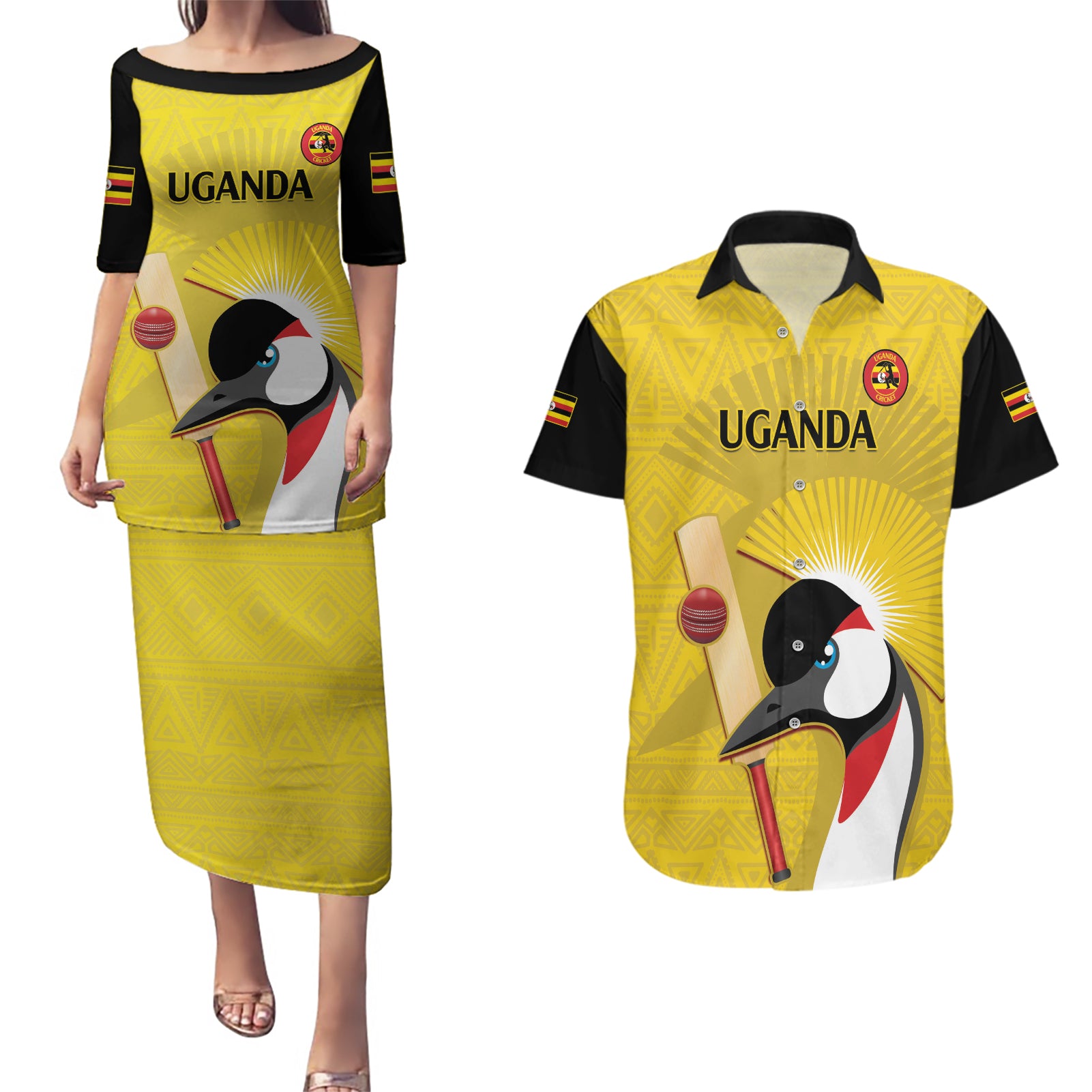 Custom Uganda Cricket Couples Matching Puletasi and Hawaiian Shirt Ugandan Grey Crowned Crane - Wonder Print Shop