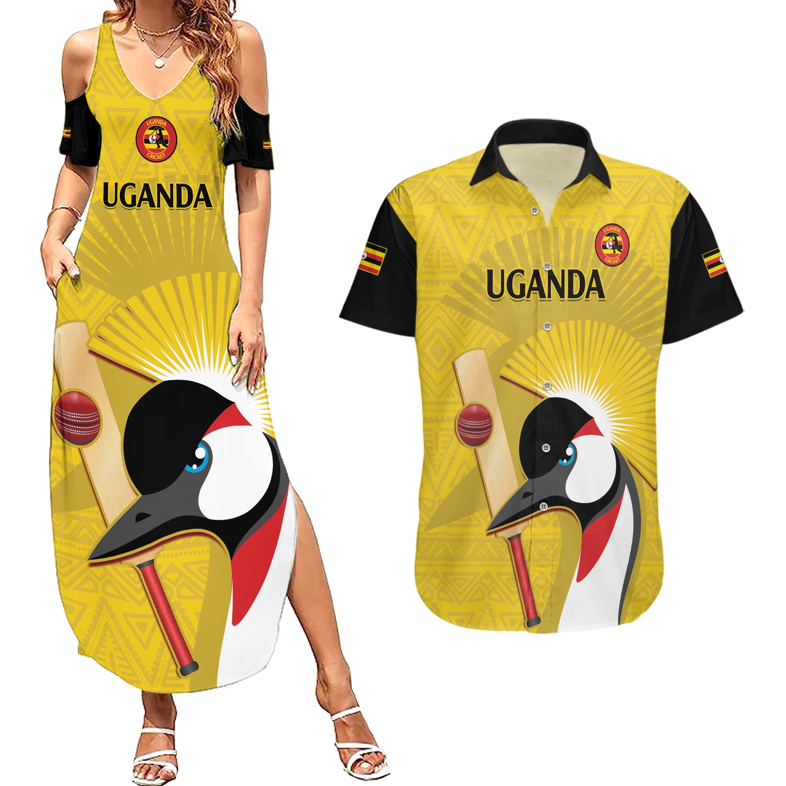 Custom Uganda Cricket Couples Matching Summer Maxi Dress and Hawaiian Shirt Ugandan Grey Crowned Crane - Wonder Print Shop