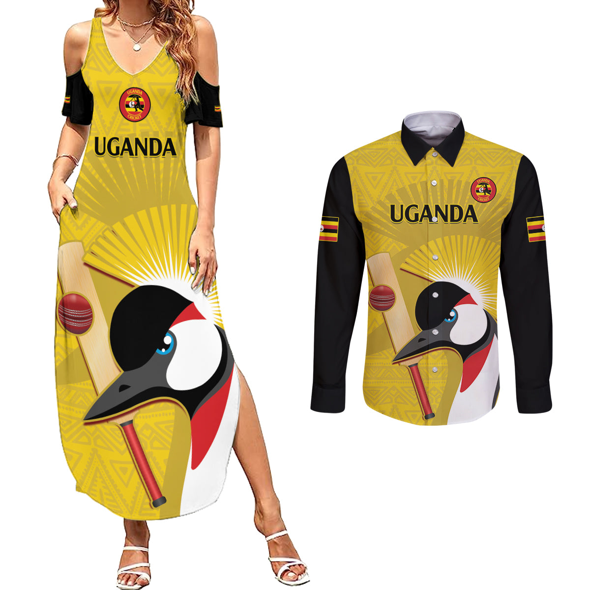 Custom Uganda Cricket Couples Matching Summer Maxi Dress and Long Sleeve Button Shirt Ugandan Grey Crowned Crane - Wonder Print Shop