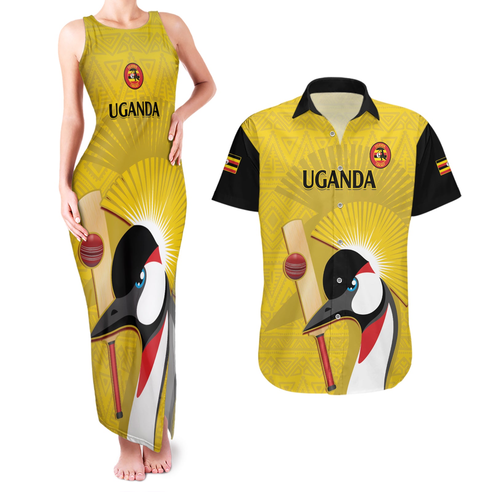 Custom Uganda Cricket Couples Matching Tank Maxi Dress and Hawaiian Shirt Ugandan Grey Crowned Crane - Wonder Print Shop