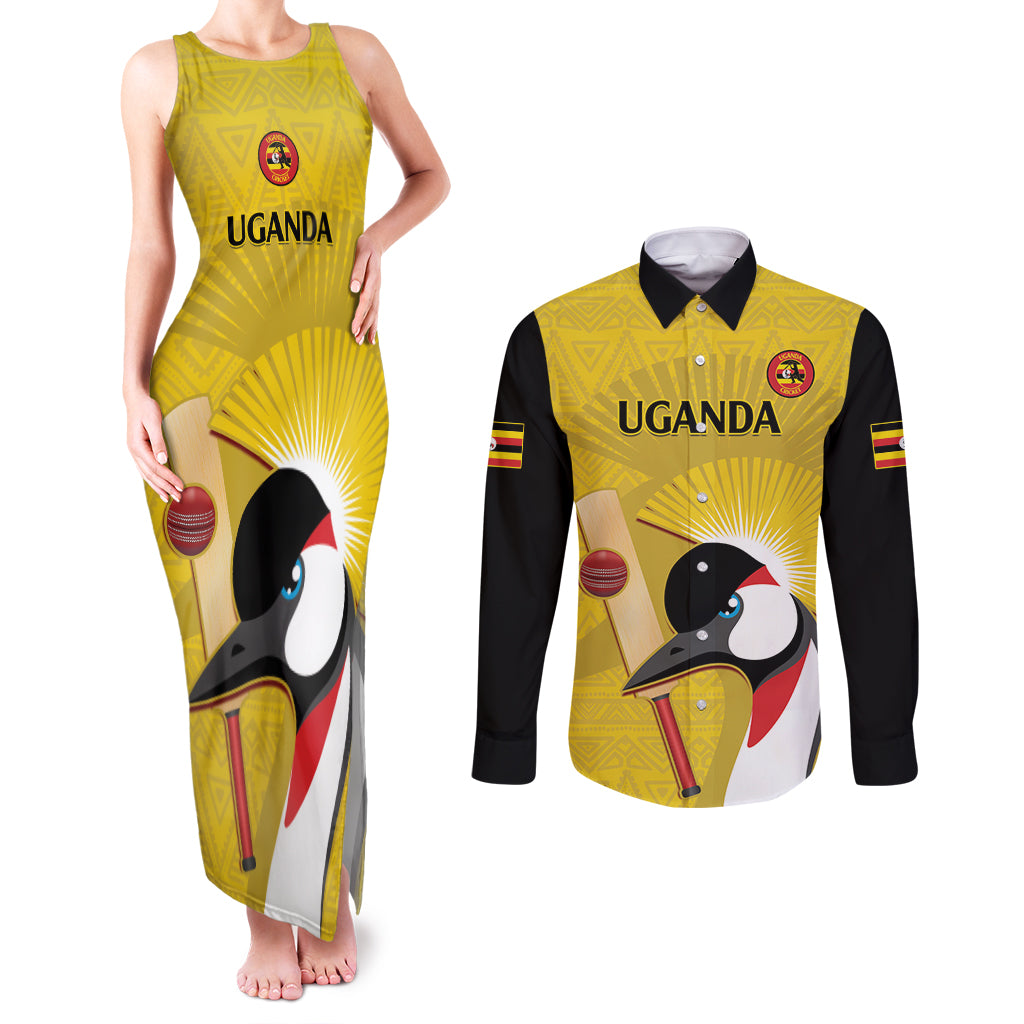 Custom Uganda Cricket Couples Matching Tank Maxi Dress and Long Sleeve Button Shirt Ugandan Grey Crowned Crane - Wonder Print Shop